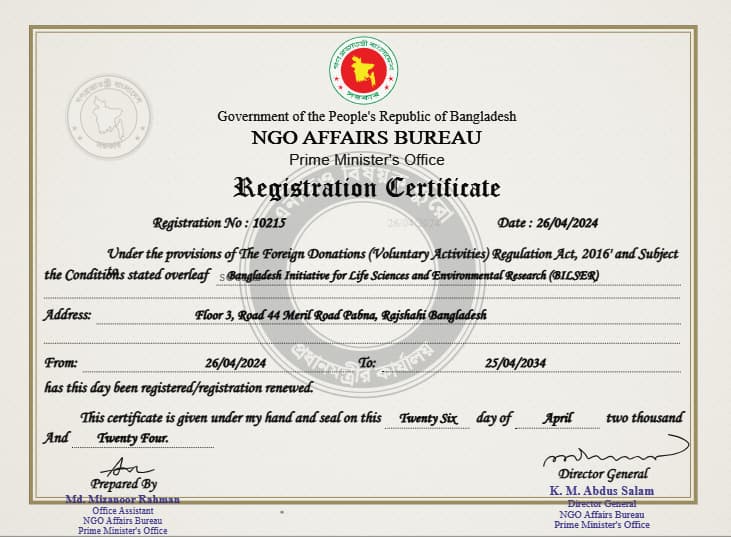 NGO Affairs Bureau registration certificate for BILSER, registration number 10215